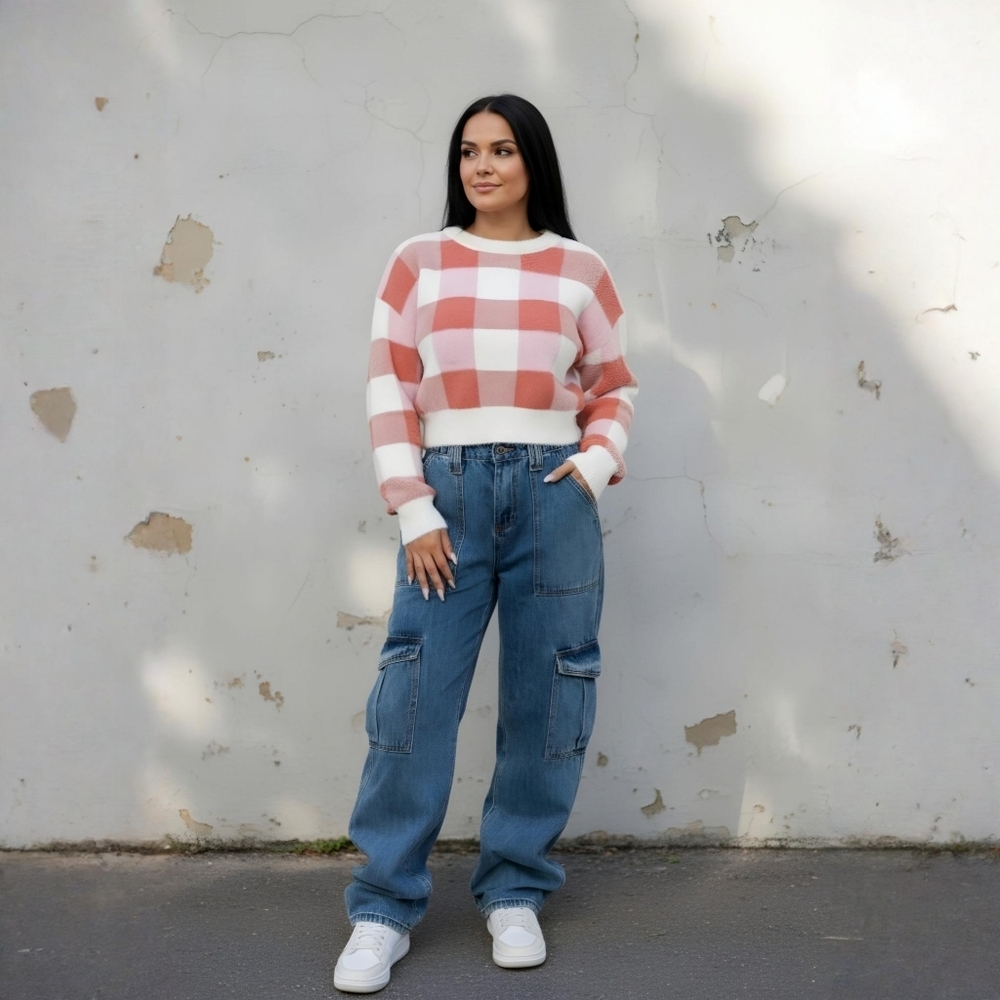 Fashion Nova ✦ Sweet Escapes Gingham Sweater ✦ Pink White Oversized Crew Soft L